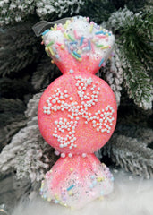 Bomboană decorativă Crăciun roz pastel cu fulg – 14cm, set 10 bucati