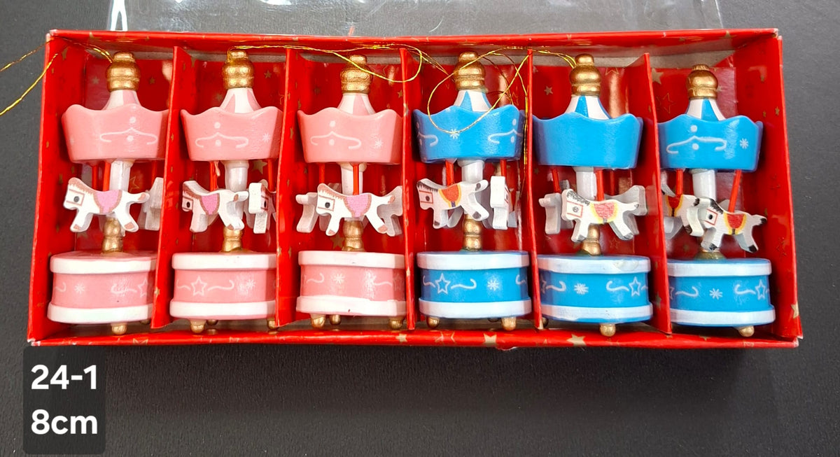 Carusel decorativ roz-albastru din lemn Crăciun - 8cm (set 6)