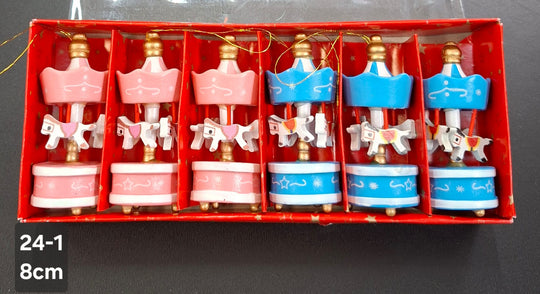 Carusel decorativ roz-albastru din lemn Crăciun - 8cm (set 6)