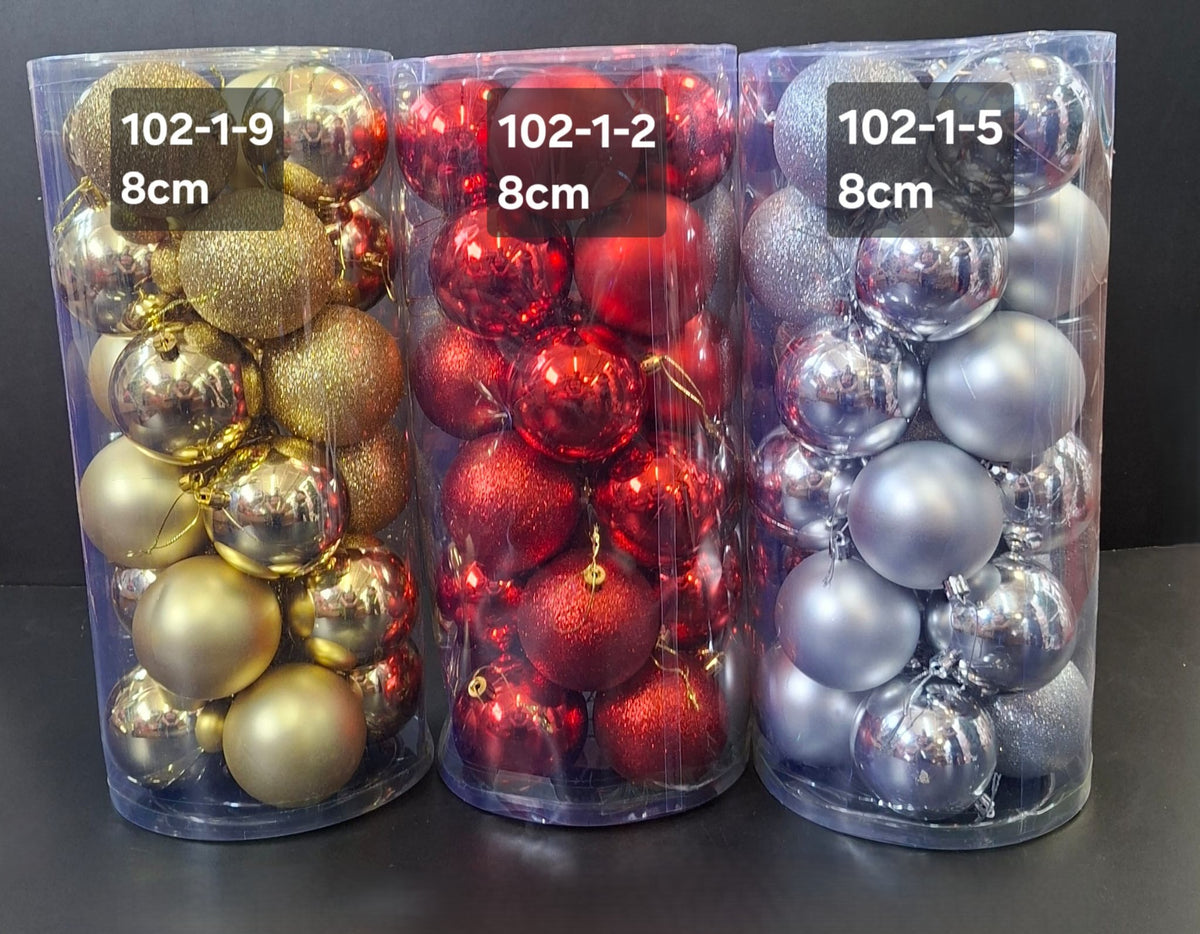 Set globuri Crăciun aurii, rosii si argintii, finisaj mat, lucios și glitter – 24buc  8cm