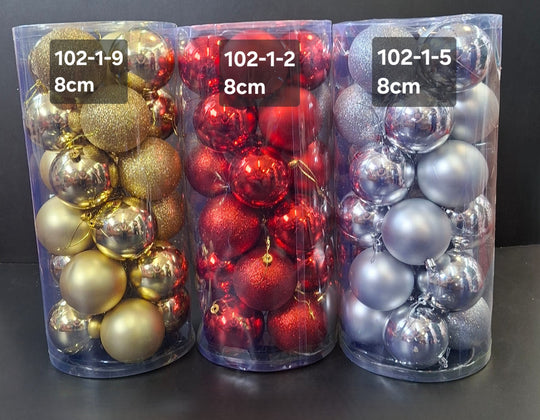Set globuri Crăciun aurii, rosii si argintii, finisaj mat, lucios și glitter – 24buc  8cm