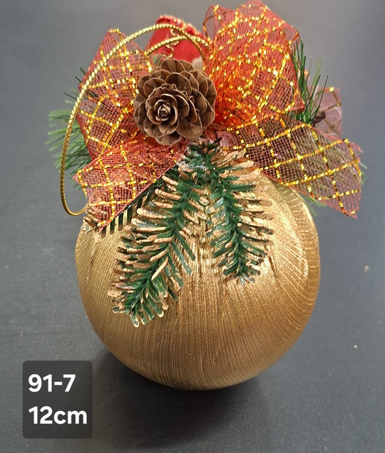 Glob Crăciun decorativ auriu cu fundiță și con natural - 12cm