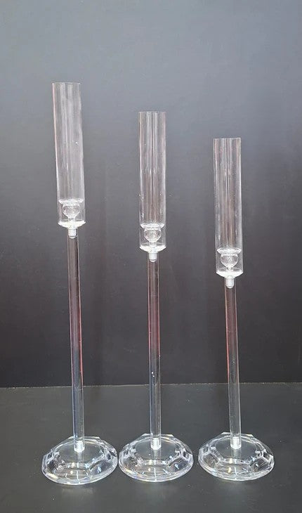 Set 3 Sfeșnice Acryl Transparente cu tub acrilic – 62/68/73cm