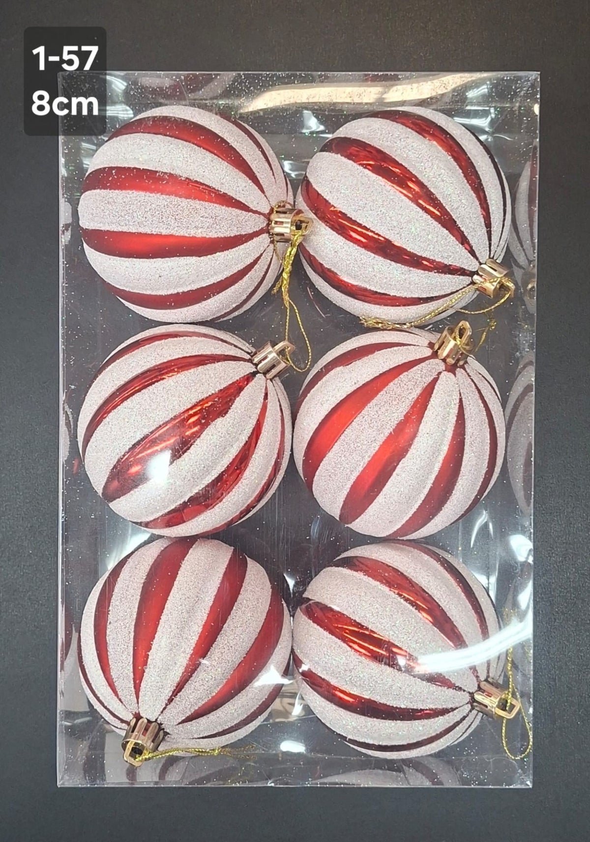 Set 6 Globuri de Crăciun Roșii cu Dungi Albe și Sclipici, Model Spiralat - 8cm