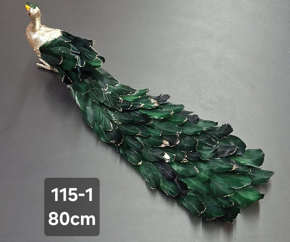Păun Decorativ Verde Smarald cu Auriu și Pene Elegante – 80cm | Ornament de Crăciun Premium
