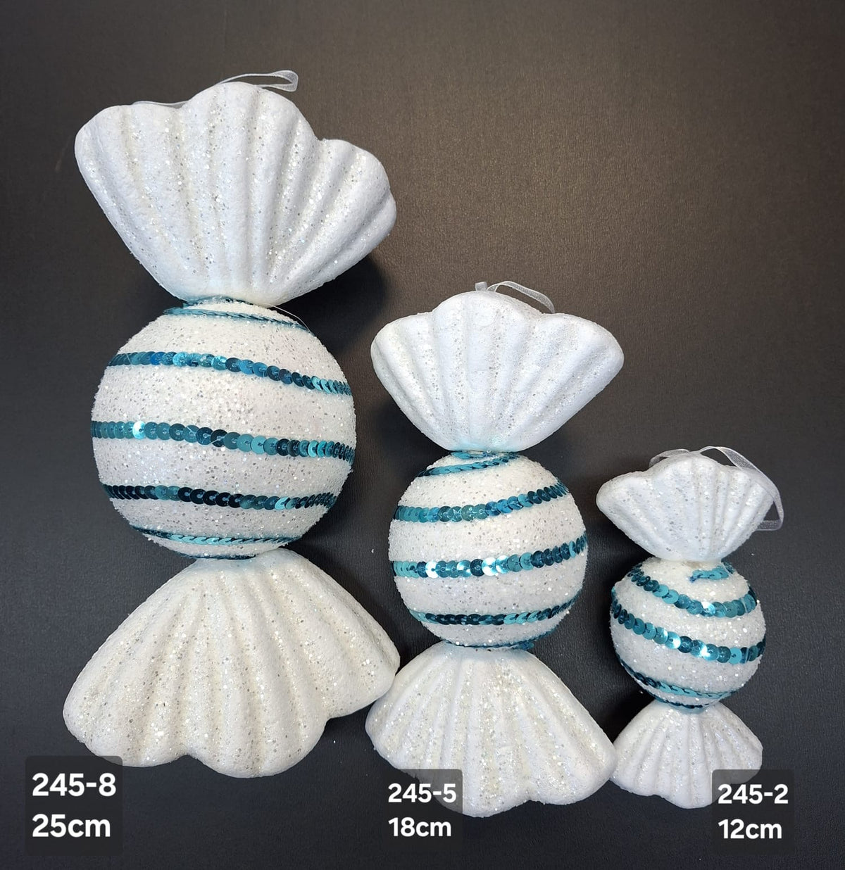 Figurine de brad bomboană alb-turquoise cu sclipici – (25cm/18cm/12cm) 10/set