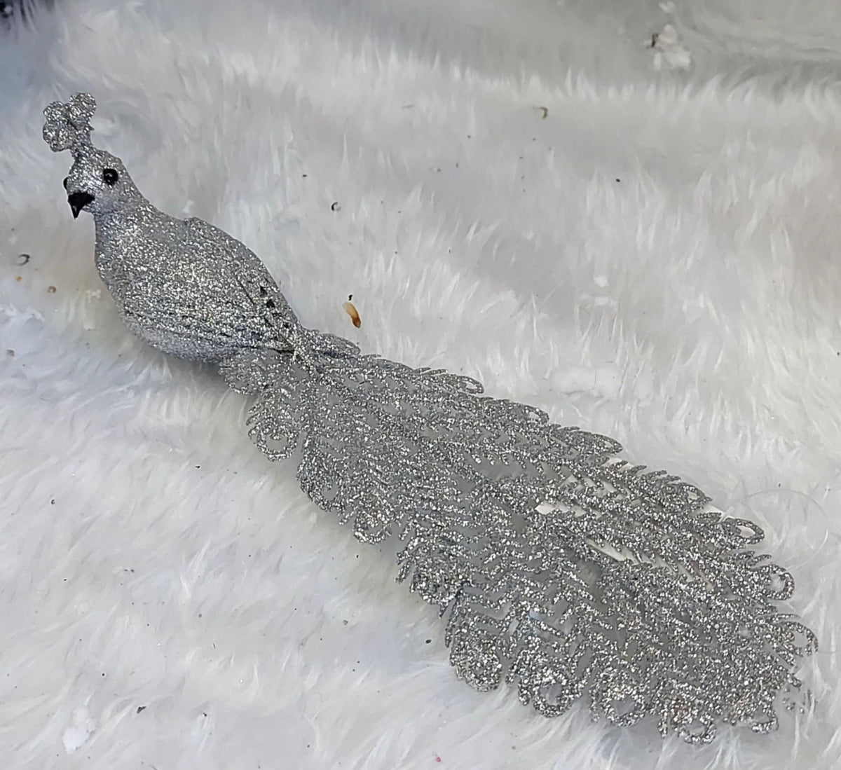 Ornament Crăciun Păun Argintiu cu Coada Lungă Glitter - 20cm
