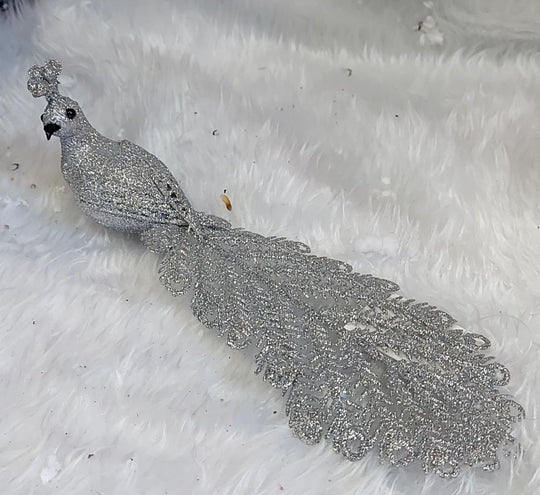 Ornament Crăciun Păun Argintiu cu Coada Lungă Glitter - 20cm