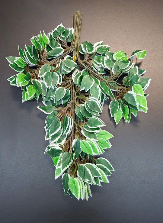 Set 12 ramuri decorative artificiale verzi cu margini albe – model cu frunze ovale - 60cm
