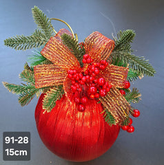 Glob decorativ Crăciun roșu cu con și fundiță aurie - 15cm