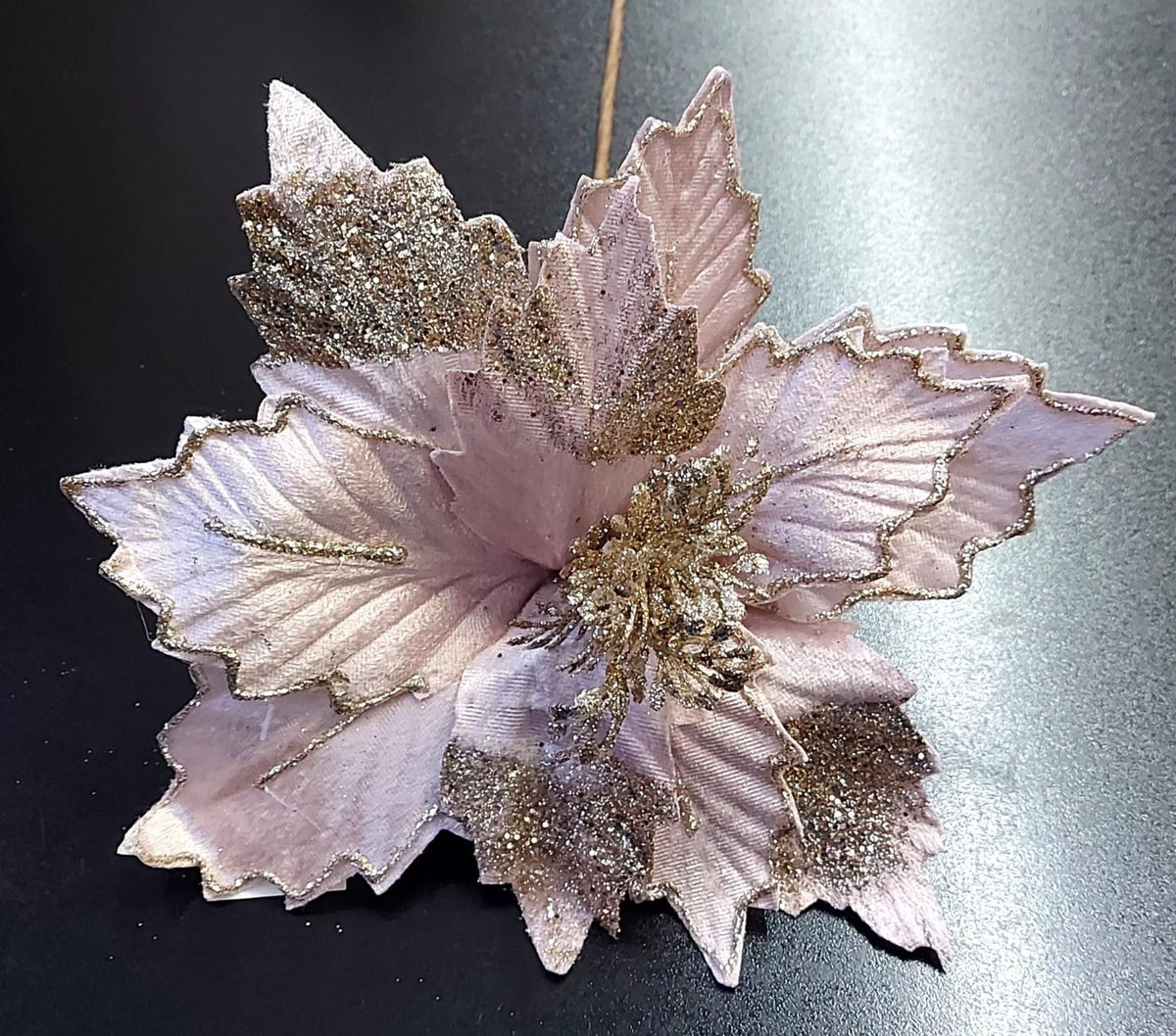 Flori Crăciun roz deschis cu sclipici auriu - 10/set