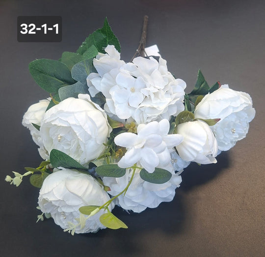 Buchet cu Bujori și Hortensii Albe 49cm – Flori Artificiale din Material Textil