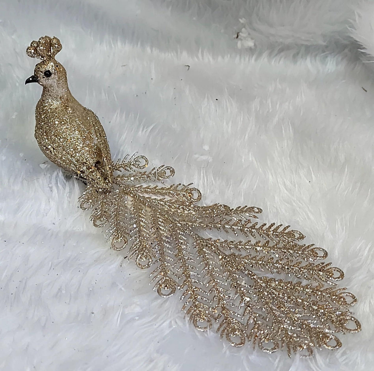 Ornament Crăciun Păun Auriu cu Coada Lungă Glitter - 20cm