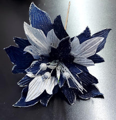 Flori Crăciun bleumarin și argintii cu sclipici 10/set