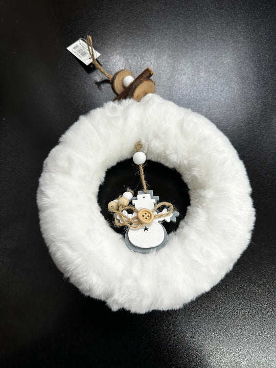 Ornament Coronița Crăciun pufoasă albă cu om de zăpadă și detalii naturale - 18cm