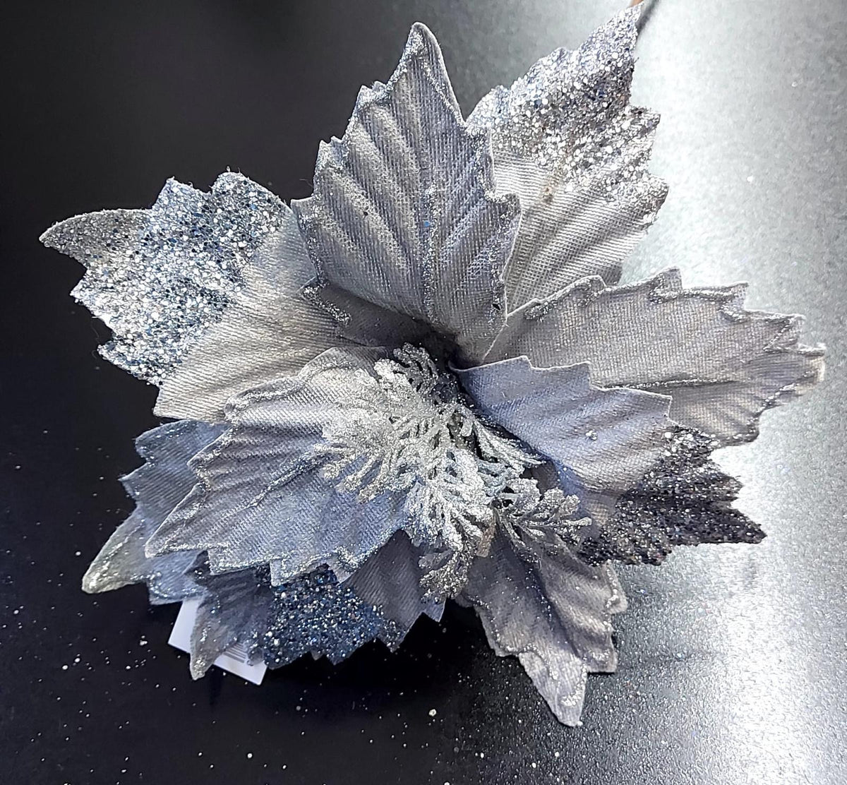 Flori Crăciun argintii cu sclipici intens - 10/set