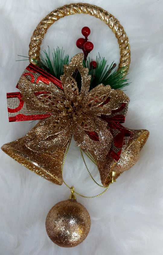 Ornament Crăciun Clopoței Aurii cu Fundă Roșie și Glob - 10/set
