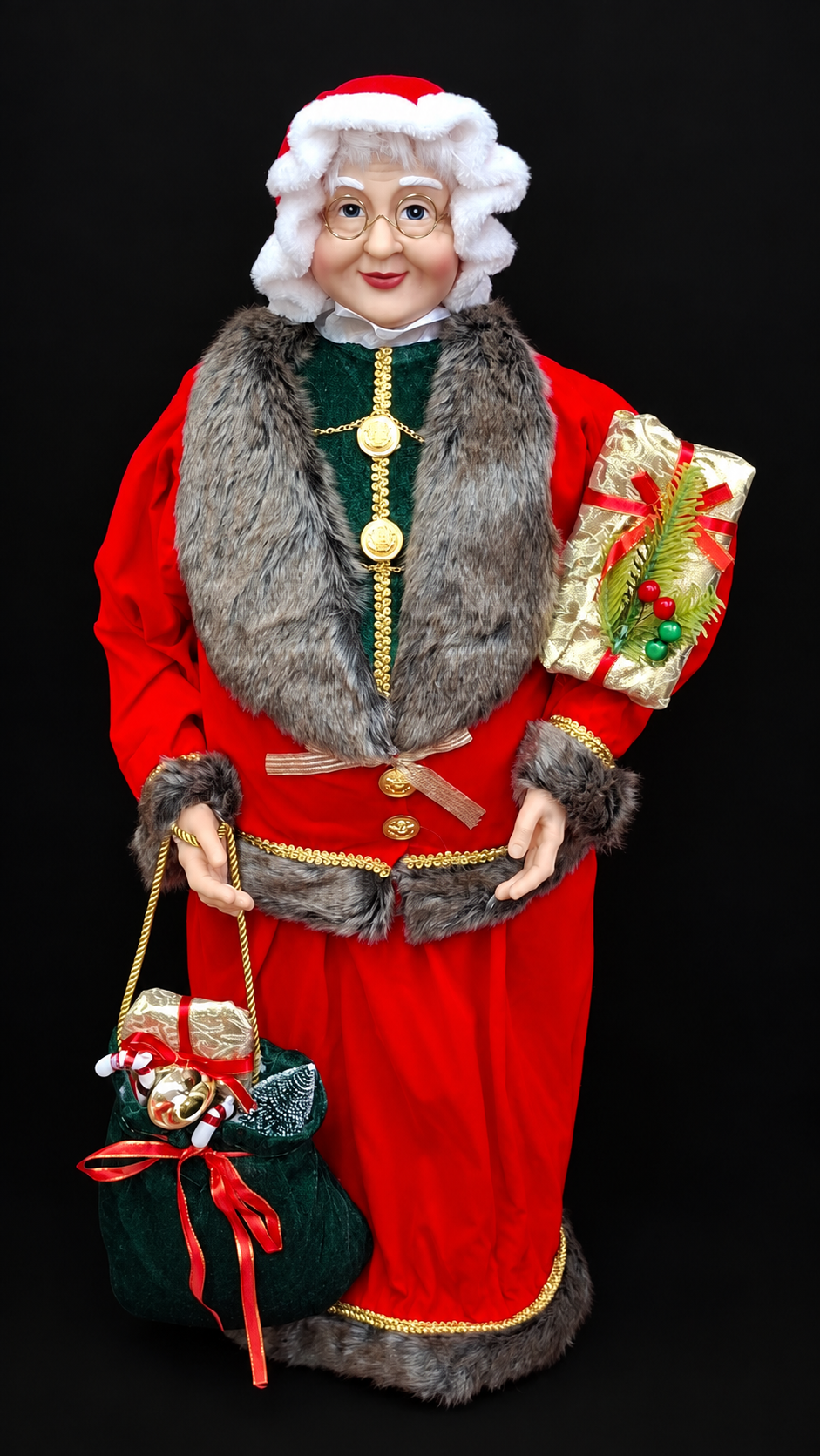 Doamna Crăciun Decorativă  – Figurină Elegantă cu Cadouri și Costum Tradițional de Crăciun - 90cm