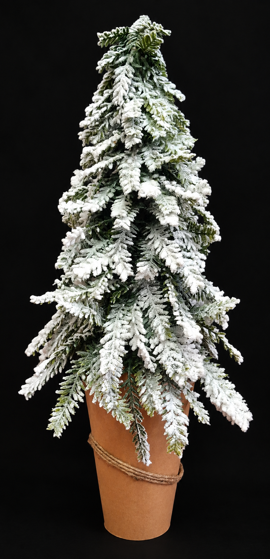 Brad artificial de Crăciun înzăpezit, în ghiveci decorativ maro cu sfoară rustică - 50cm