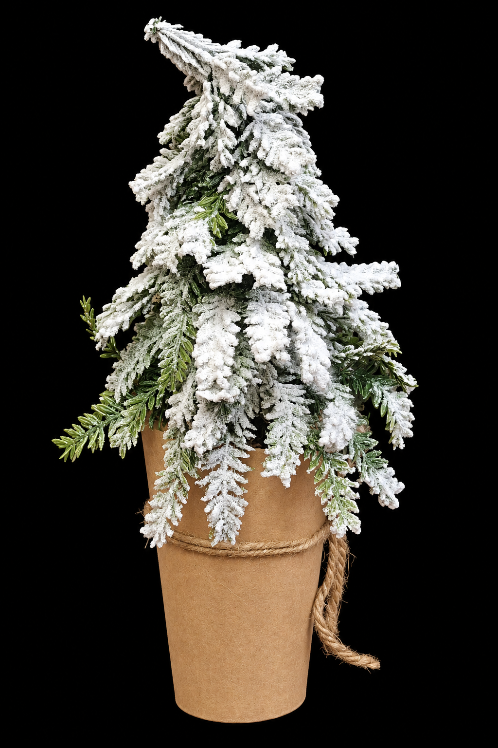 Brad artificial de Crăciun înzăpezit, în ghiveci decorativ cu sfoară din iută - 35cm