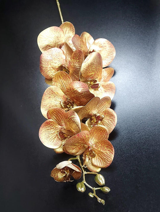 Orhidee artificială auriu-cupru din silicon – 100 cm, floare decorativă realistă