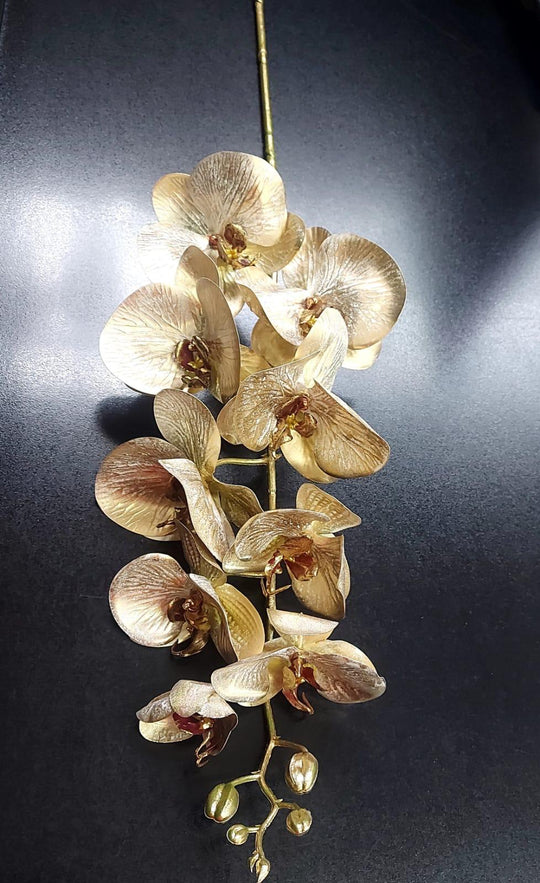 Orhidee artificială bej-aurie din silicon – 100 cm, floare decorativă realistă
