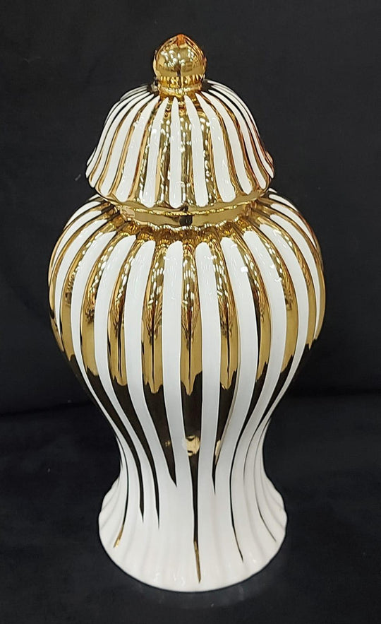 Vază decorativă din ceramică cu capac – Design elegant alb cu auriu 28cm (98-6)