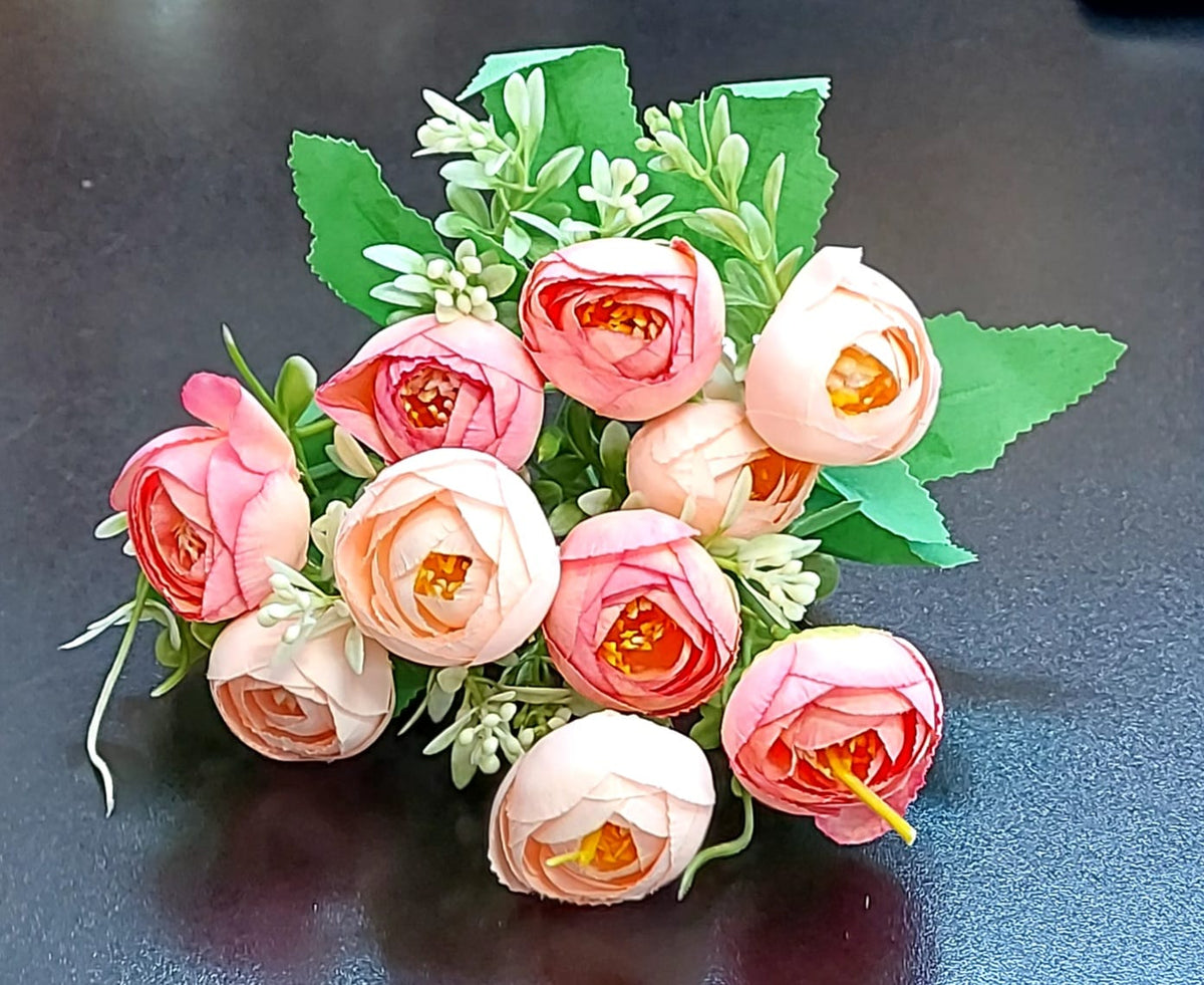 Buchet bujori artificiali roz-piersica – 30cm, detalii realiste și accente florale