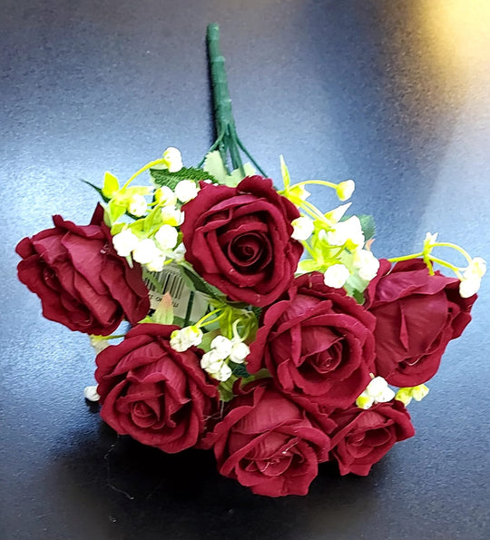 Buchet flori artificiale trandafiri bordo – 34cm, aspect natural