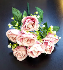 Buchet flori artificiale trandafiri roz pudrat – 34cm, aspect natural