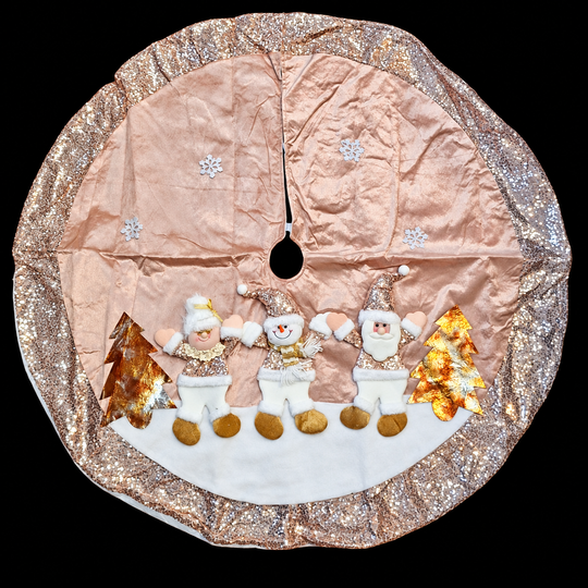 Covoraș Decorativ pentru Bradul de Crăciun Roz Auriu cu Paiete si Figurine Festive - 120cm