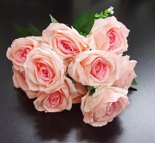 Buchet 10 trandafiri roz pal artificiali – 45 cm, tije sârmă, material textil