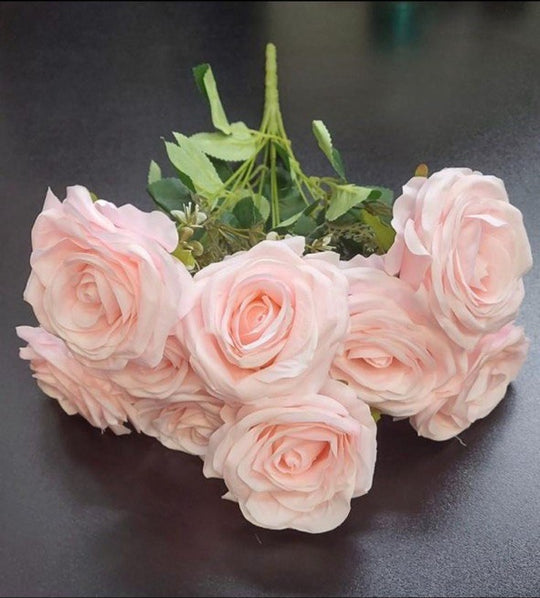 Buchet 9 trandafiri roz pal artificiali – 47cm, tije sârmă, material textil
