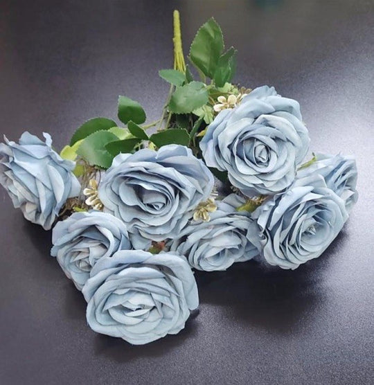 Buchet 9 trandafiri bleu artificiali – 47cm, tije sârmă, material textil