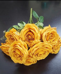 Buchet 9 trandafiri galben auriu artificiali – 47cm, tije sârmă, material textil