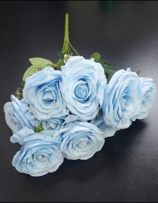 Buchet 9 trandafiri baby blue artificiali – 47cm, tije sârmă, material textil