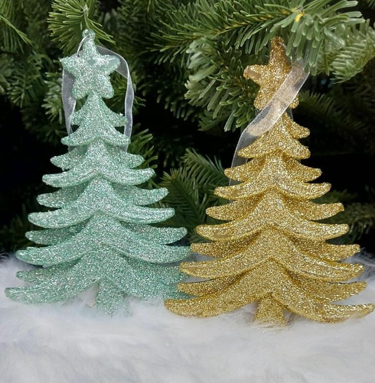 Set 12 ornamente de Crăciun în formă de brad cu stea, cu sclipici – Verde Mentă sau Auriu - 10x14cm