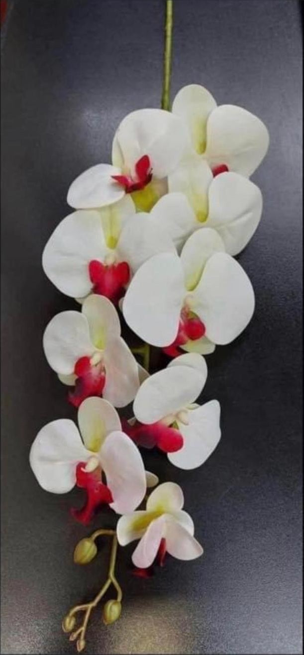 Orhidee artificială albă cu interior roșu – 100 cm, floare decorativă realistă