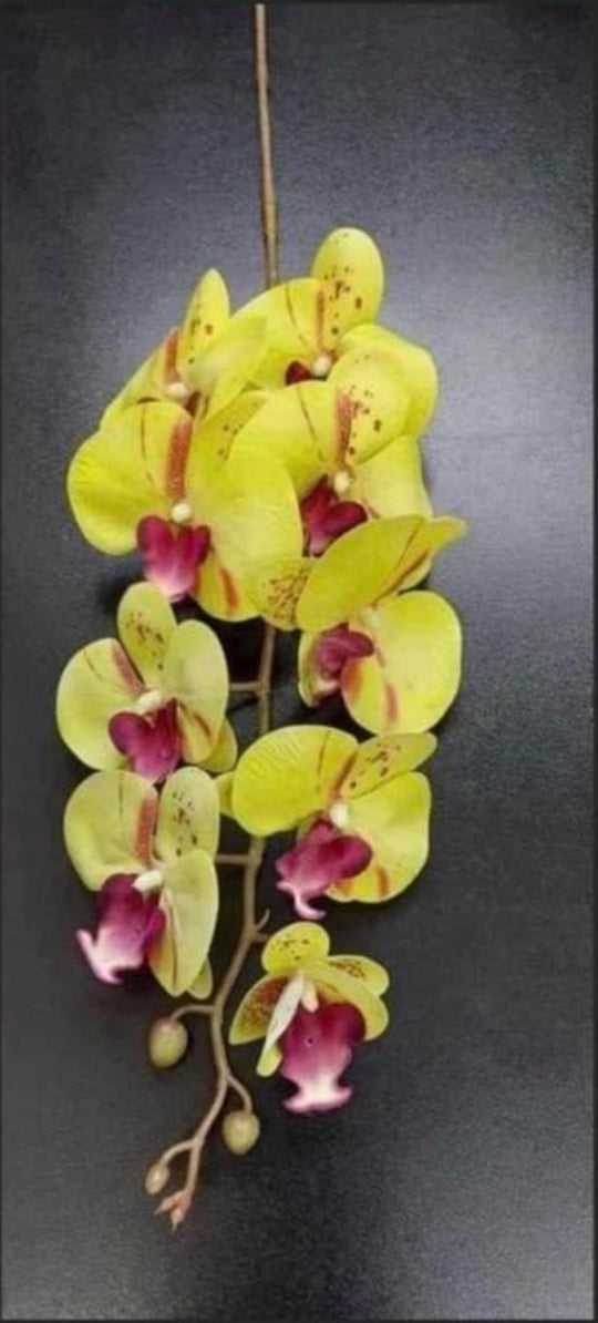 Orhidee artificială galbenă cu centru roz – 100 cm, floare decorativă realistă