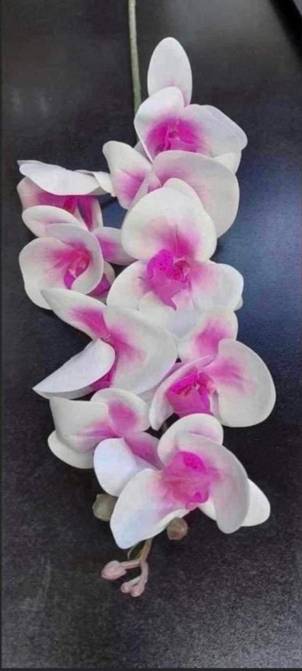 Orhidee artificială albă cu mijloc roz – 100 cm, floare decorativă realistă