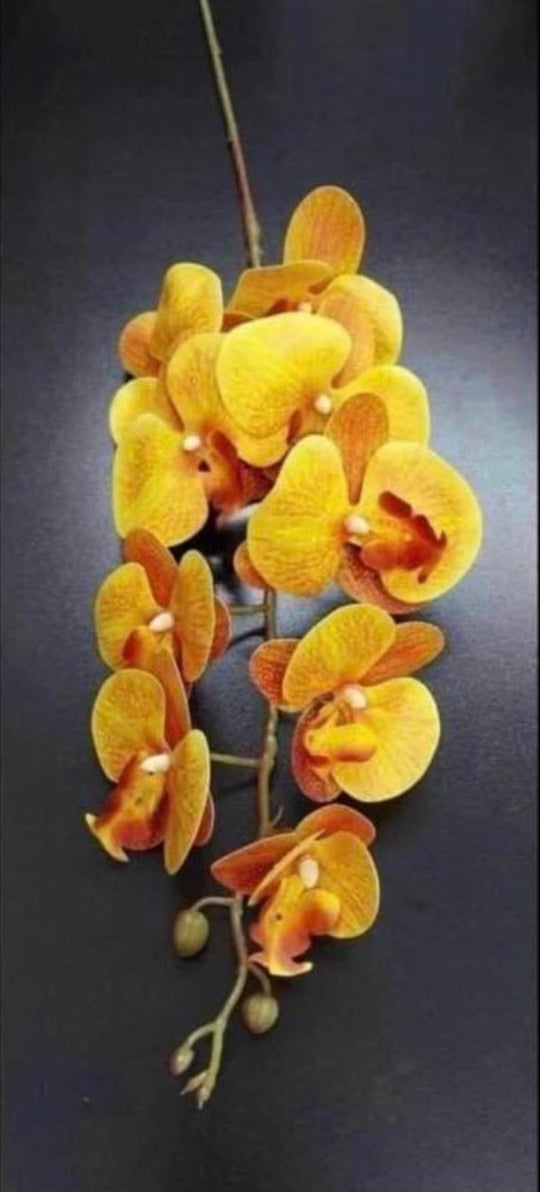 Orhidee artificială galbenă cu nuanțe arămii – 100 cm, floare decorativă realistă