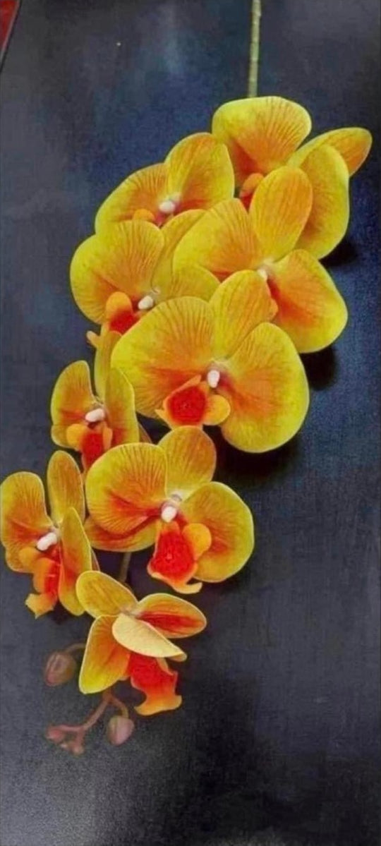 Orhidee artificială galbenă cu interior roșu – 100 cm, floare decorativă realistă