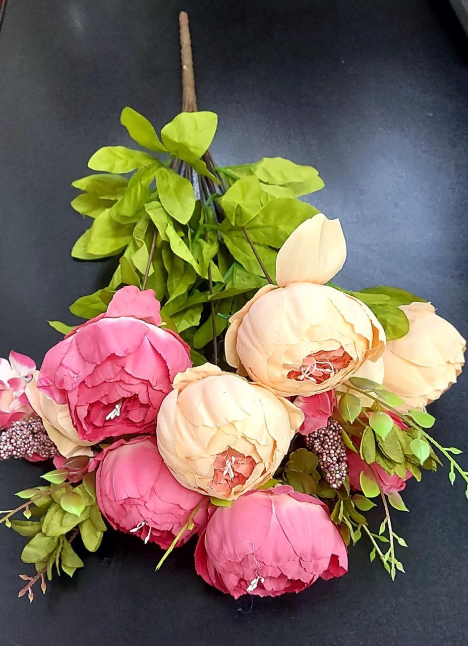 Buchet cu Bujori Crem și Roz - Flori Artificiale din Material Textil, Mix Elegant