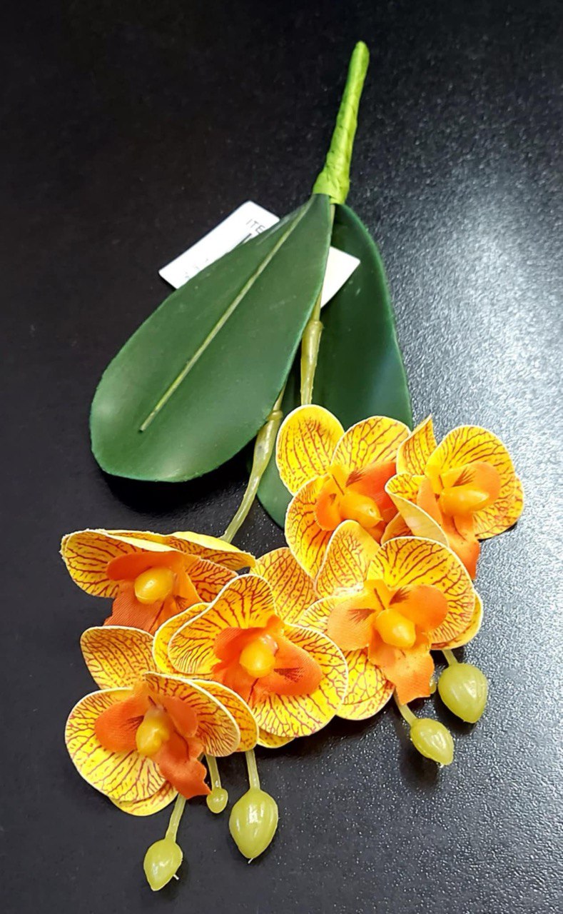 Mini Orhidee artificială portocaliu intens cu nervuri galbene – 20cm, decorativă realistă