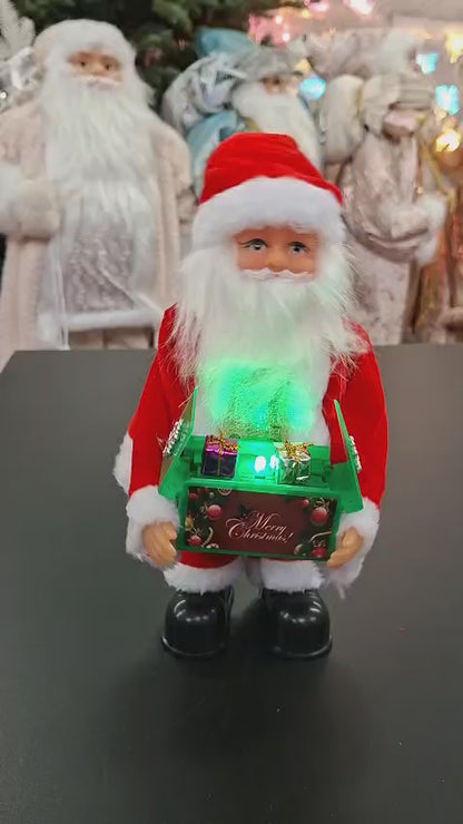 Moș Crăciun cu cutie verde, decor luminos cu baterii - 25cm