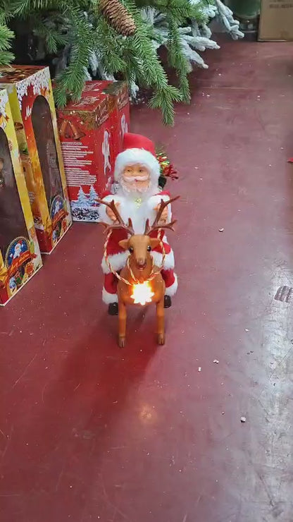 Moș Crăciun pe ren, decor animat cu baterii - 25cm